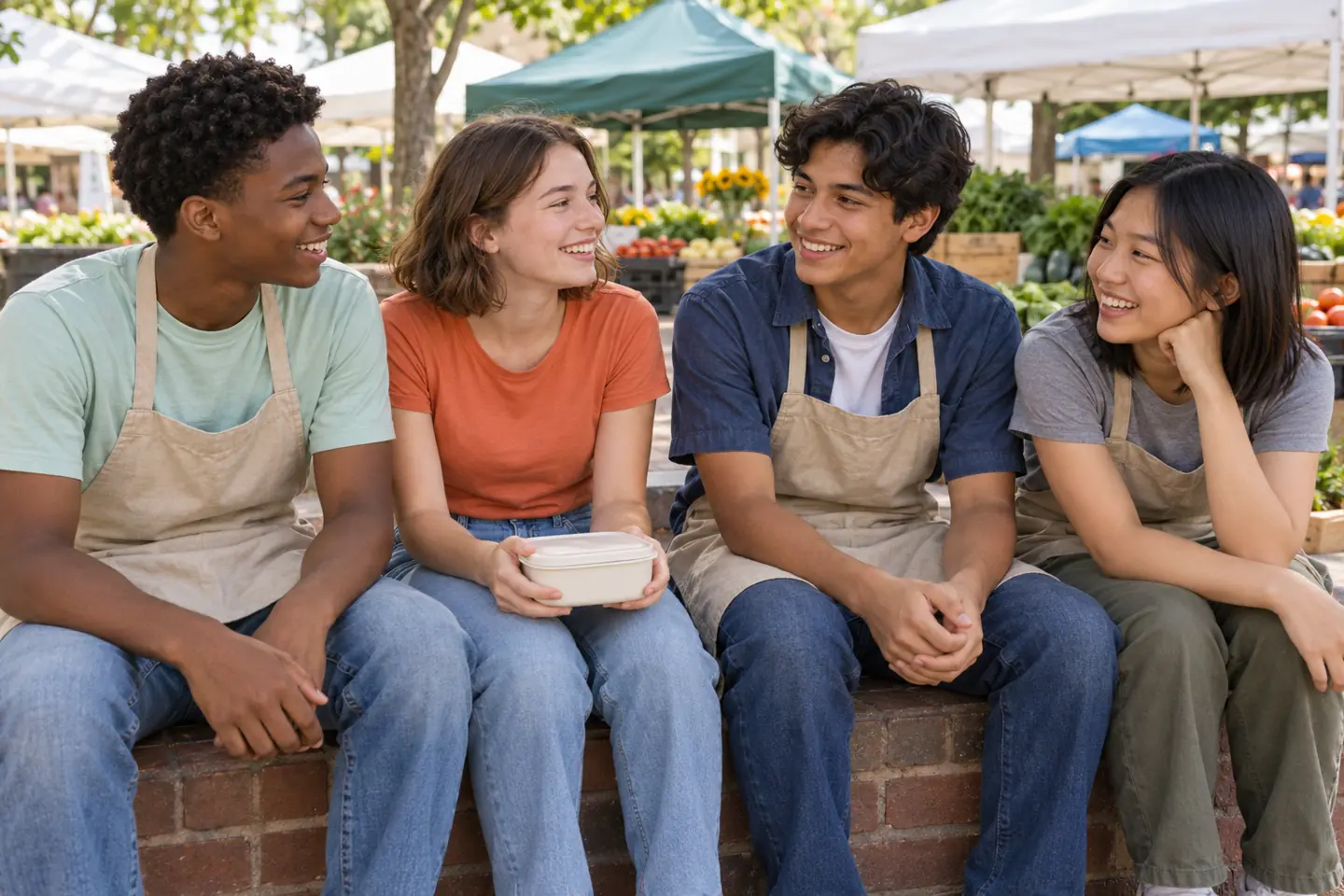 Four young seasonal workers smile together during a break at an outdoor farmers market.