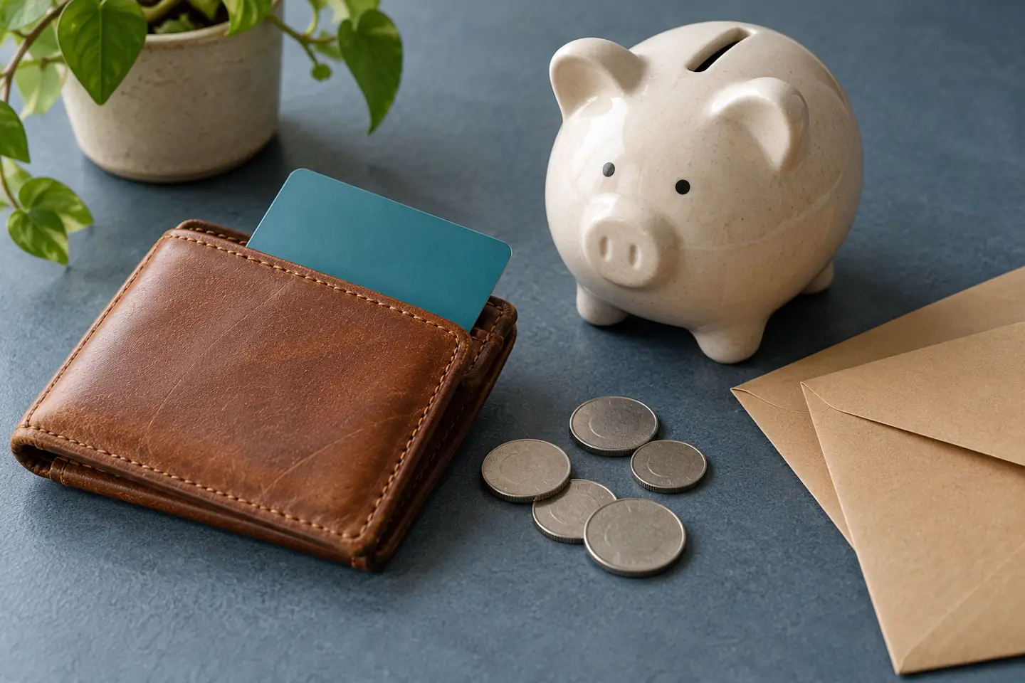 A plain card in a wallet beside a piggy bank, coins, and envelopes without people.