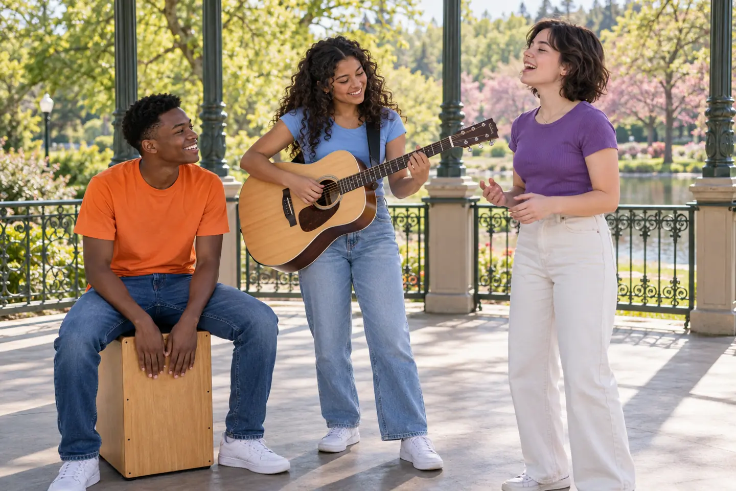 Three happy teenagers rehearsing music together at a public park bandstand