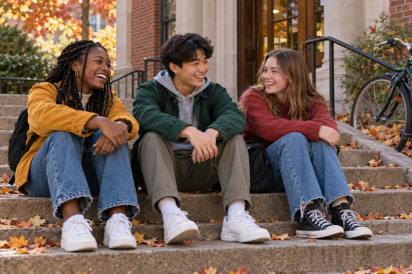 Three happy young people sitting outdoors on public-library steps in autumn