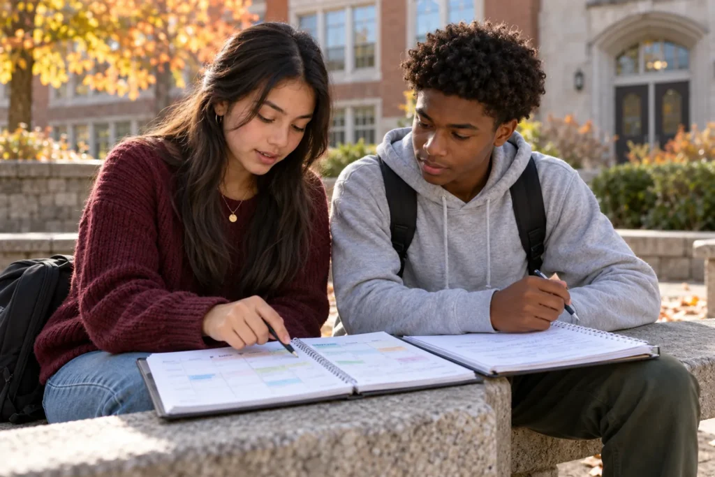 Two students use time management tips to compare a weekly planner in a school courtyard.