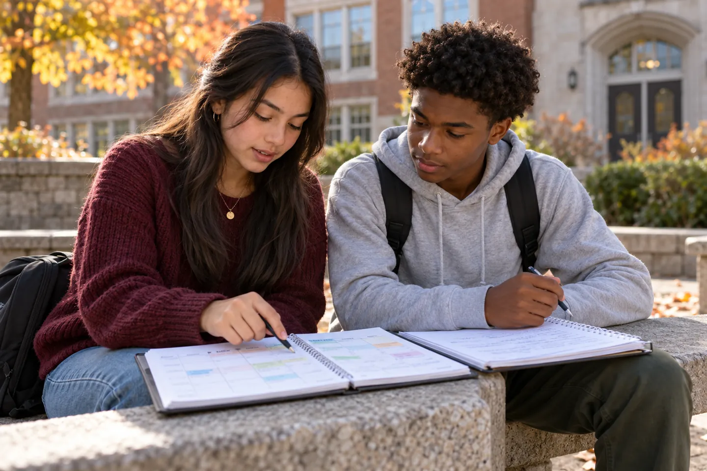 Two students use time management tips to compare a weekly planner in a school courtyard.