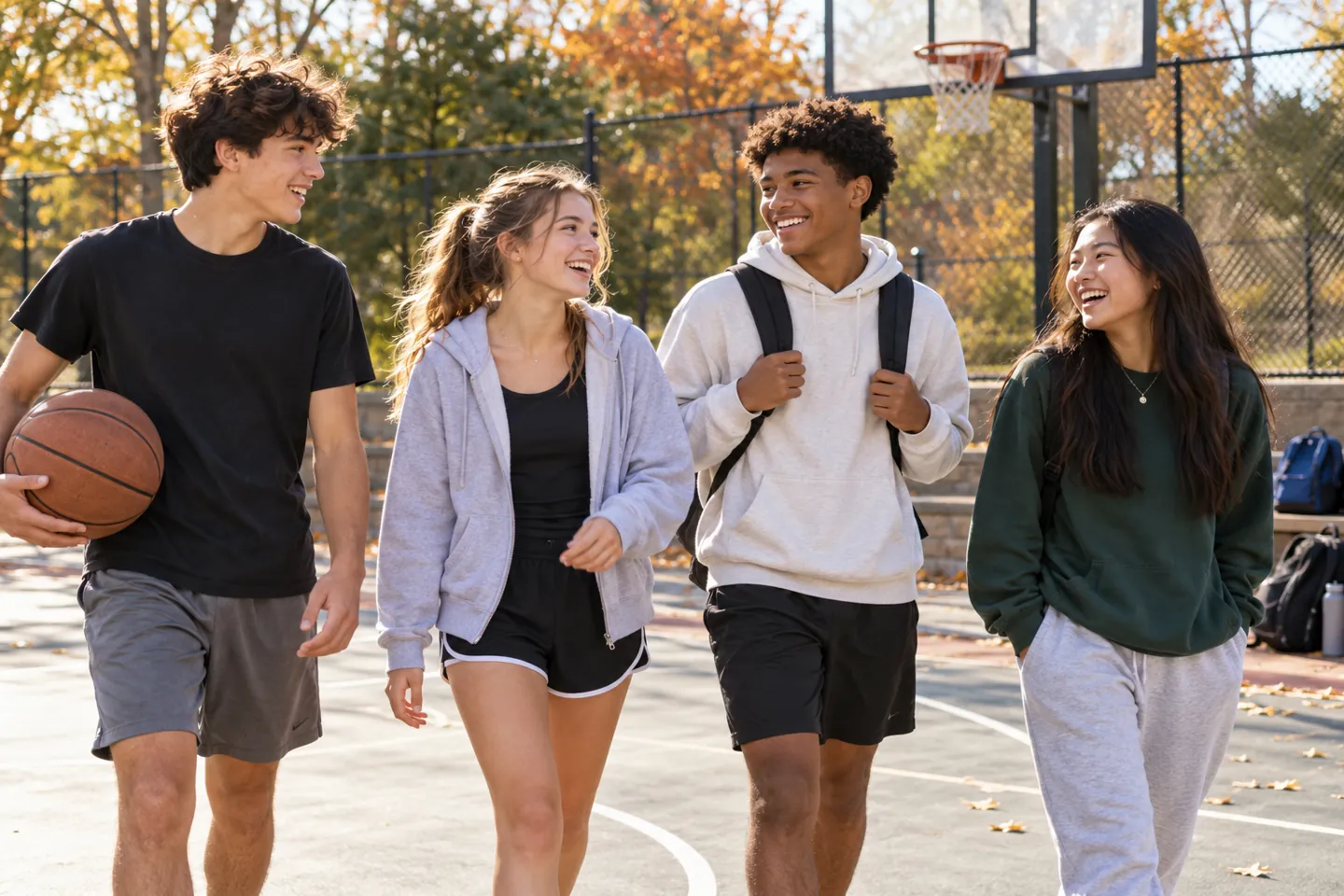 Four happy teenagers take an after-school break together on a public basketball court.