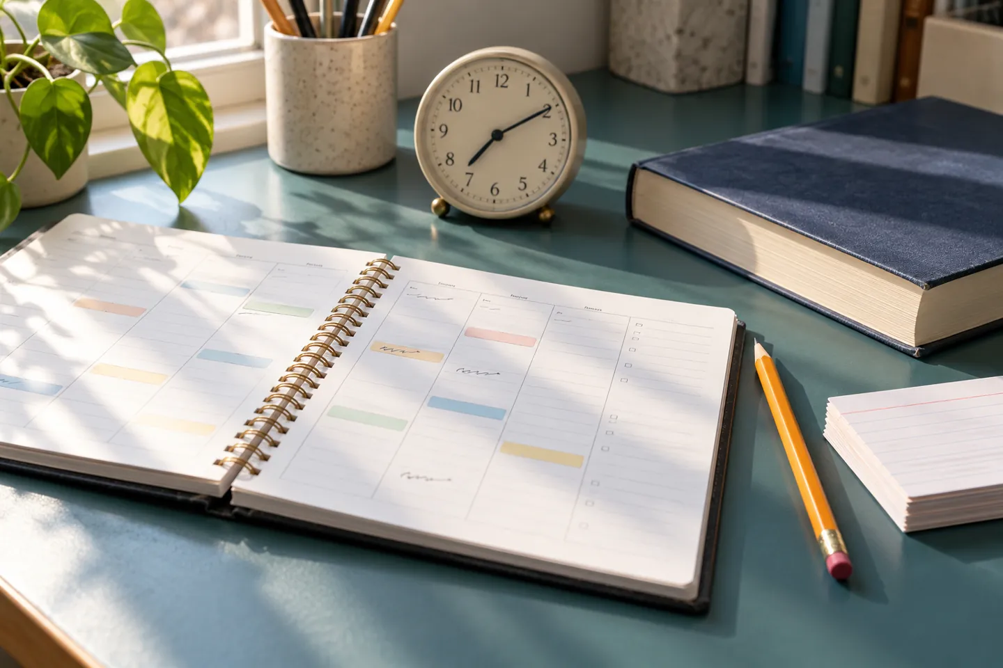 A weekly planner, clock, textbook, and pencil show time management tips without people.
