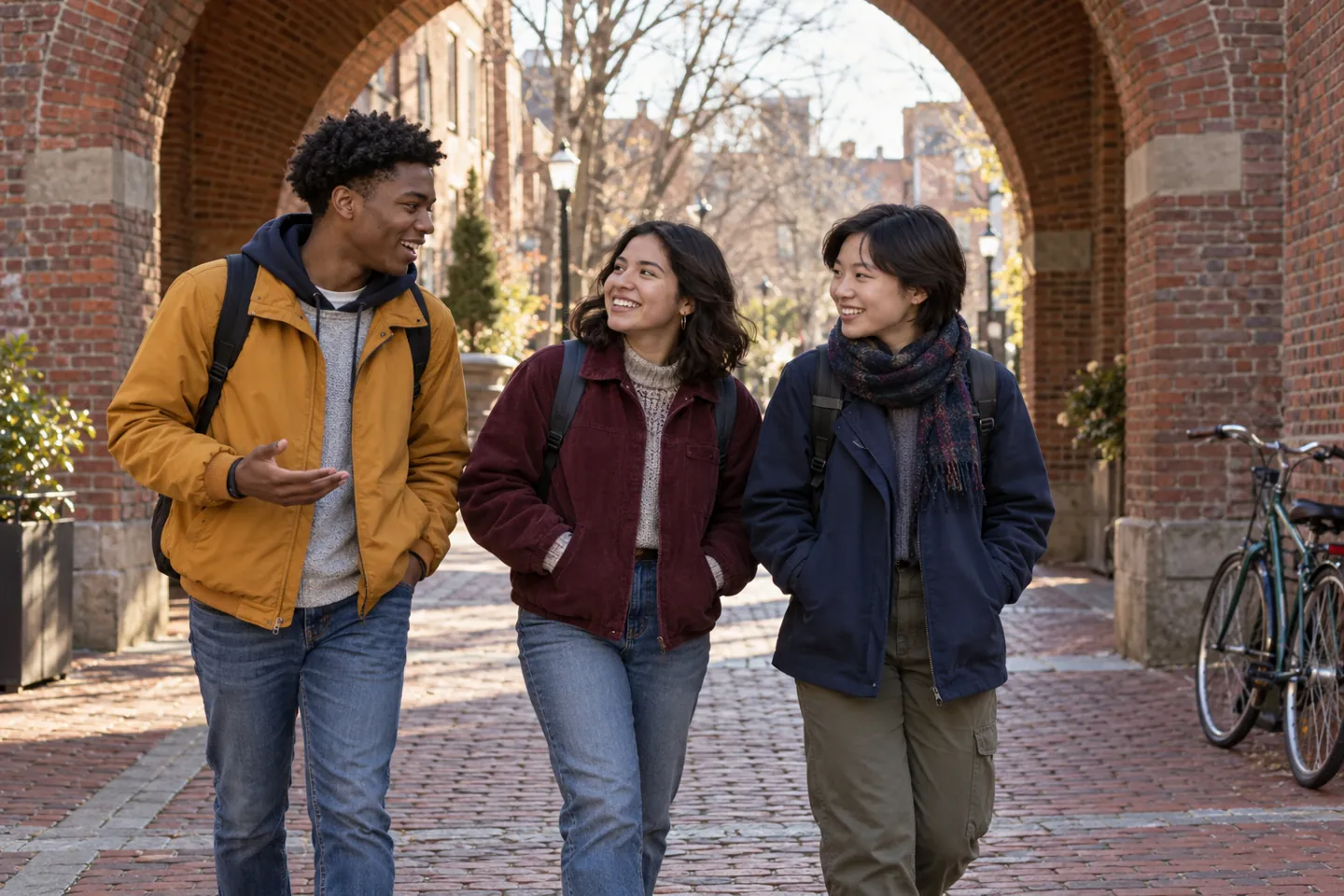 Three happy young people discuss career choices in a public brick plaza