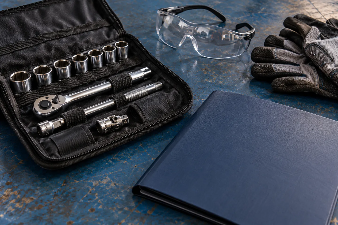 Starter socket tools, safety glasses, work gloves, and training folder