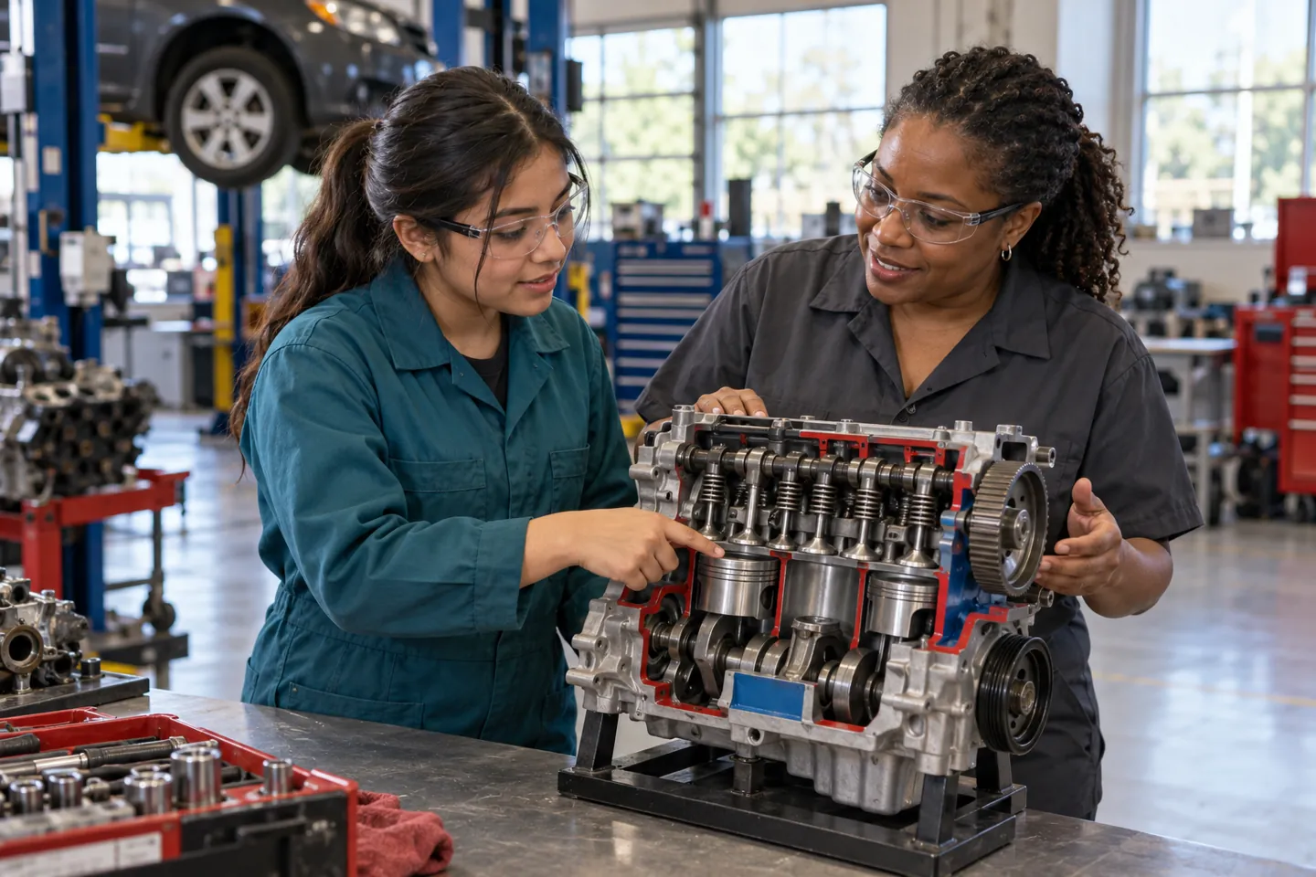 Student and instructor explore automotive training while discussing trade school cost