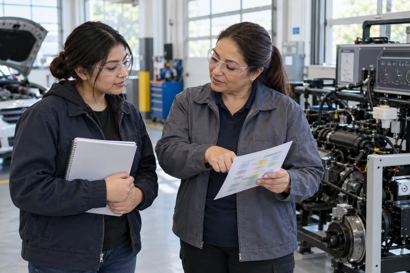Student and adviser discuss trade school questions in an automotive training lab