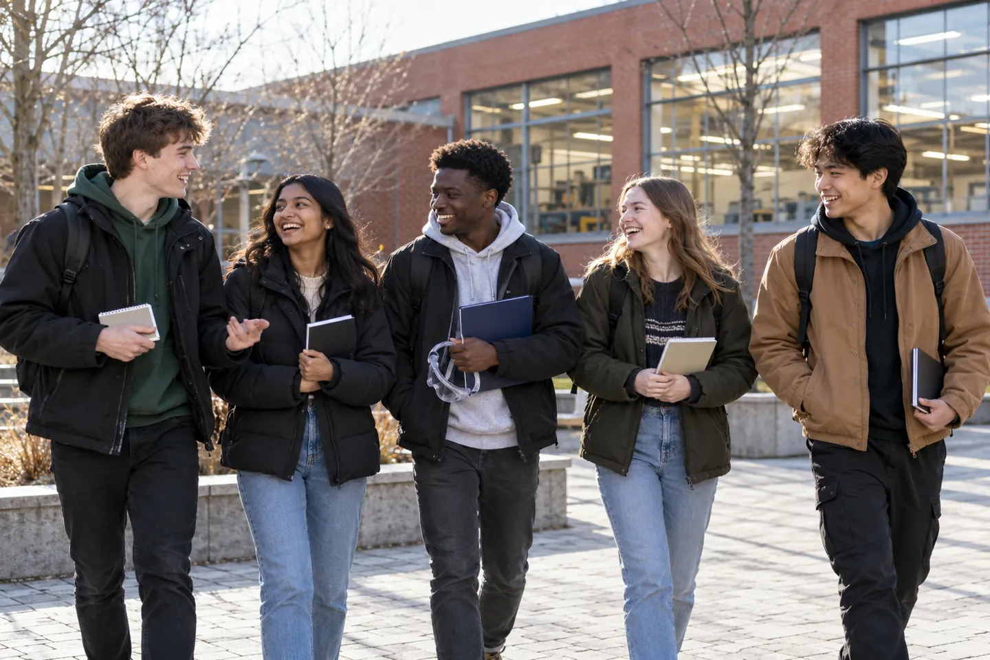 Happy young adults compare campus-visit notes outdoors at a technical college