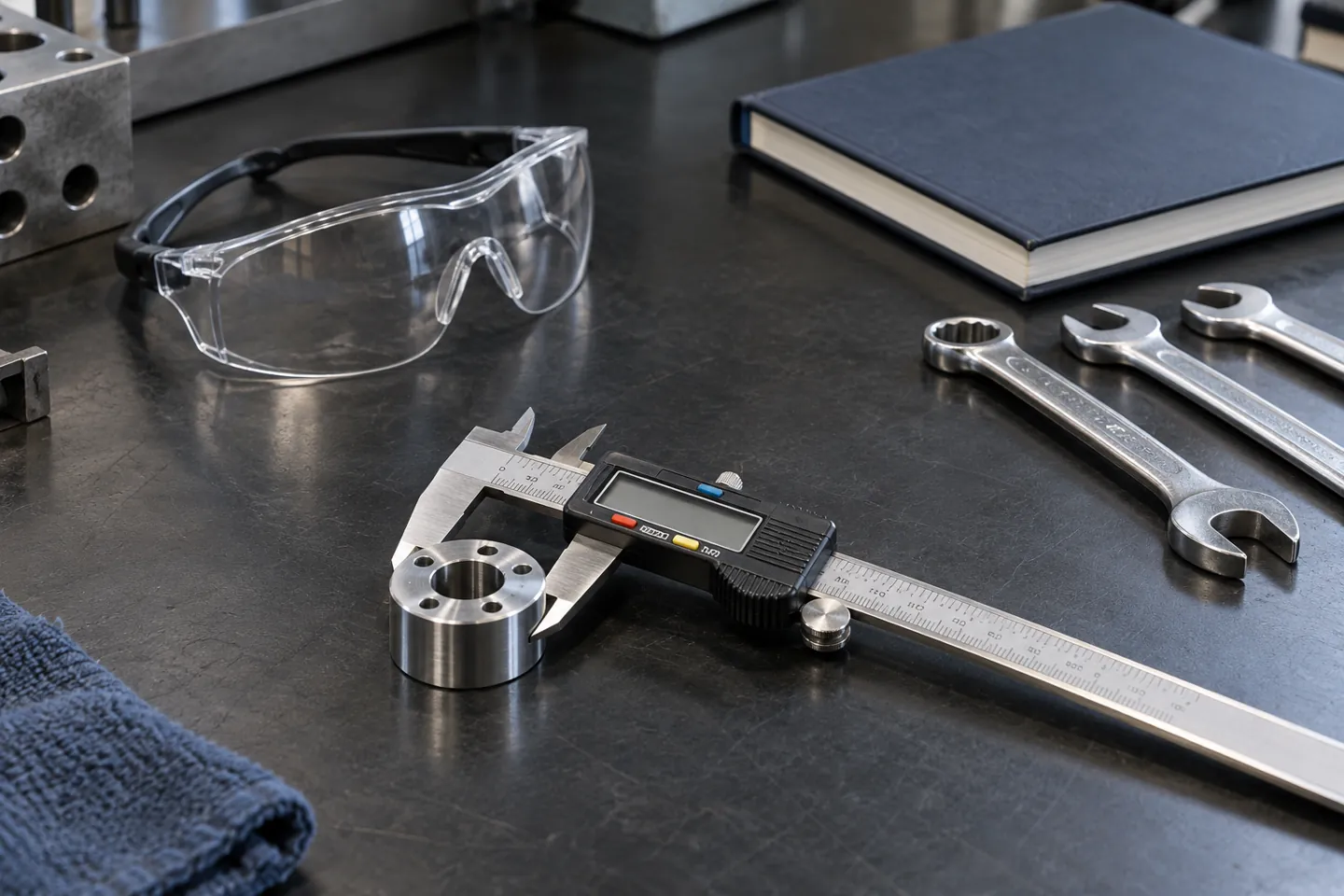 Caliper, safety glasses, and training tools illustrating trade school questions without people