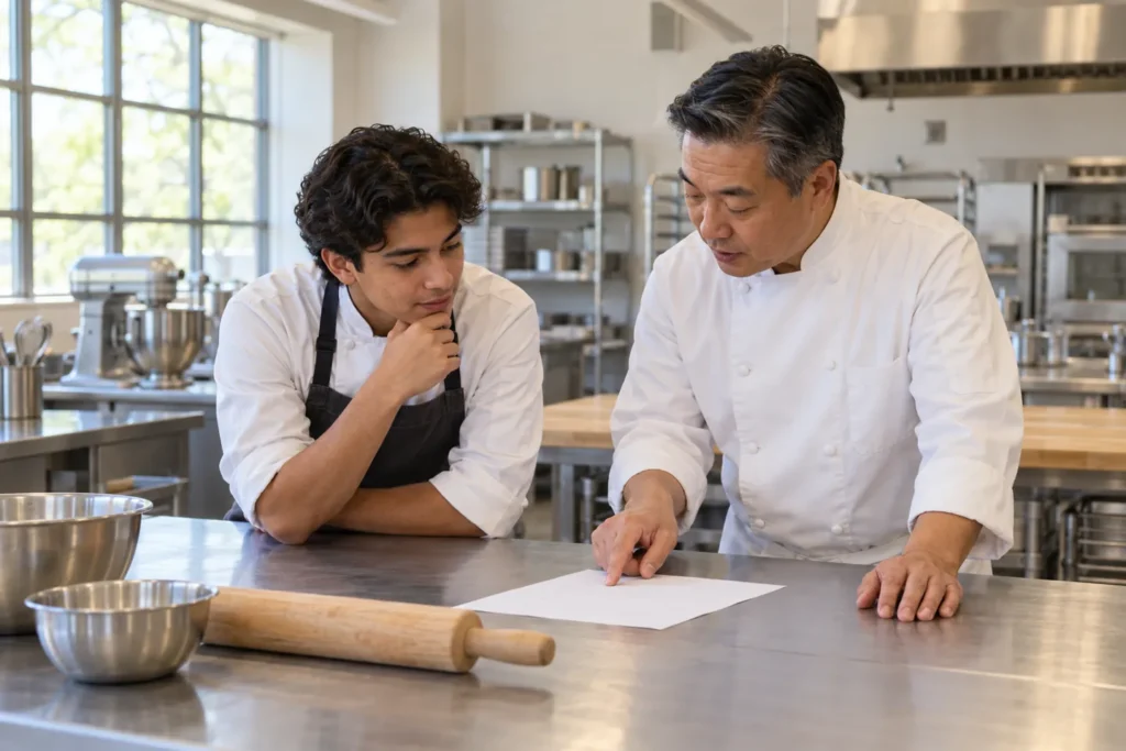 Student and culinary instructor reviewing a trade school vs community college training plan