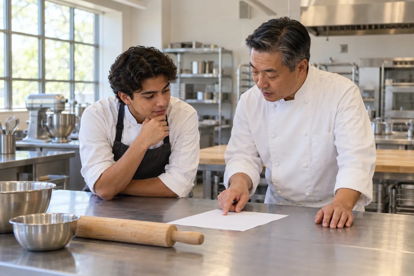 Student and culinary instructor reviewing a trade school vs community college training plan