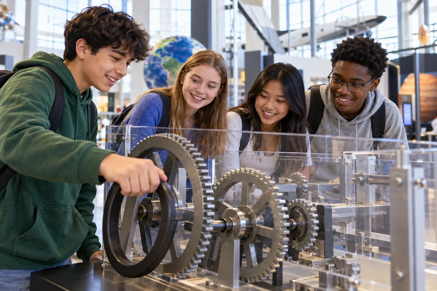 Happy young students explore a mechanical exhibit at a public science museum