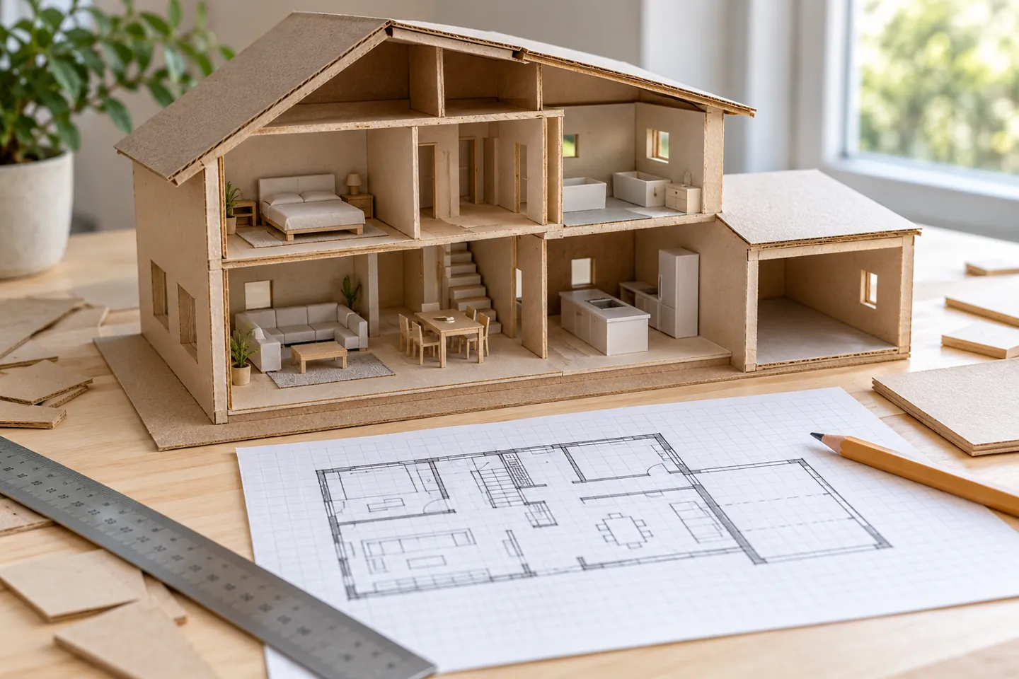 Cardboard house model and floor plan for winter break career exploration