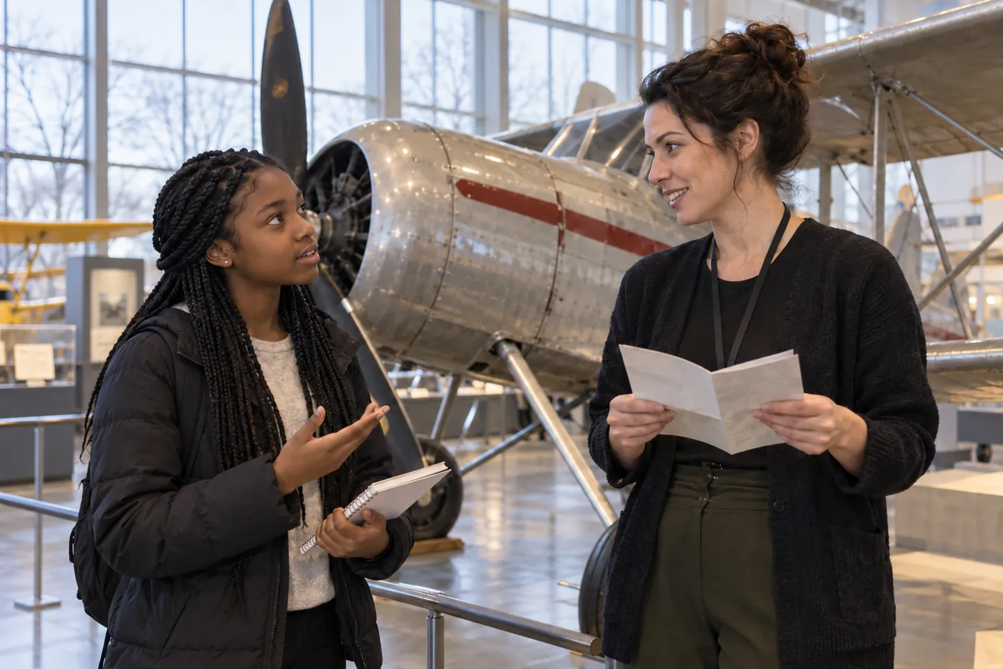 Student and museum educator discuss women career leaders beside an aviation exhibit