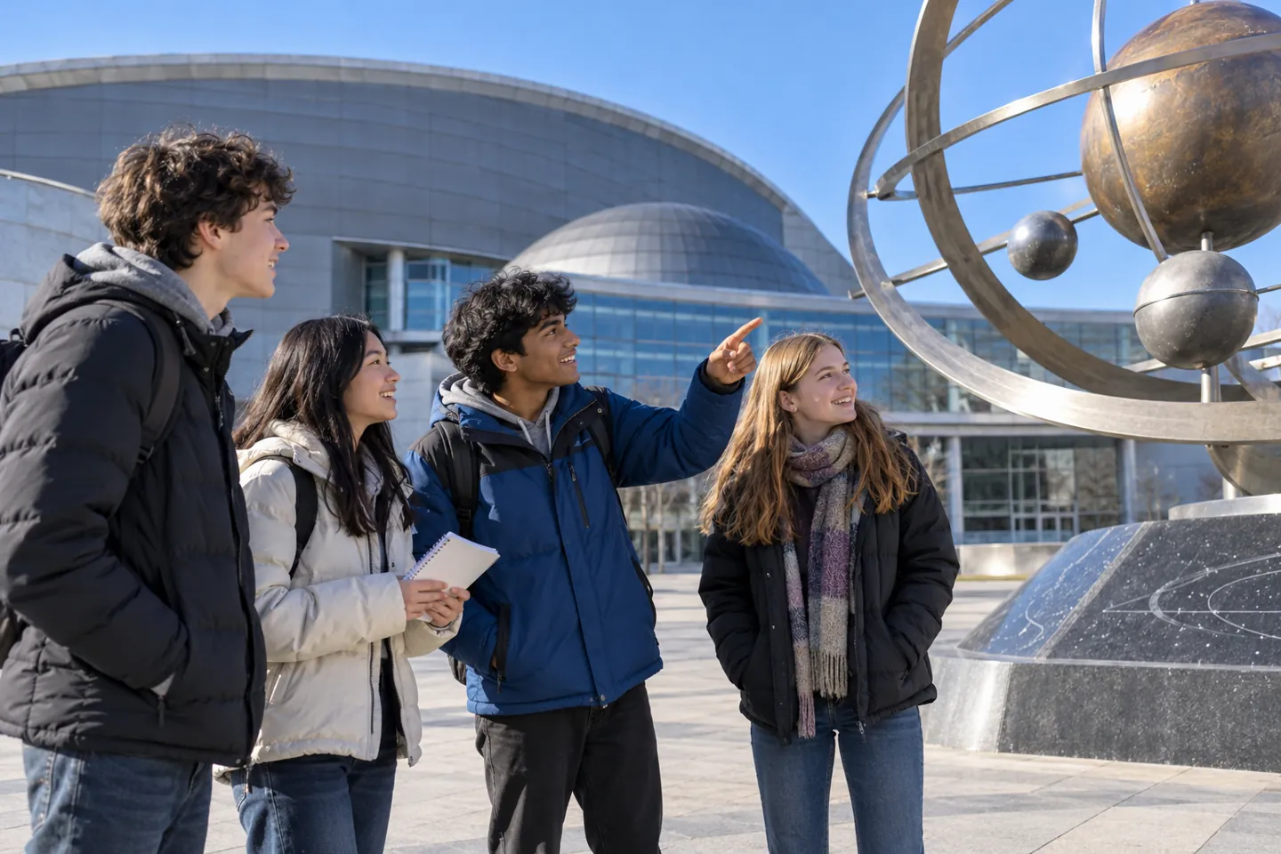 Happy young students explore an astronomy sculpture outside a public science museum