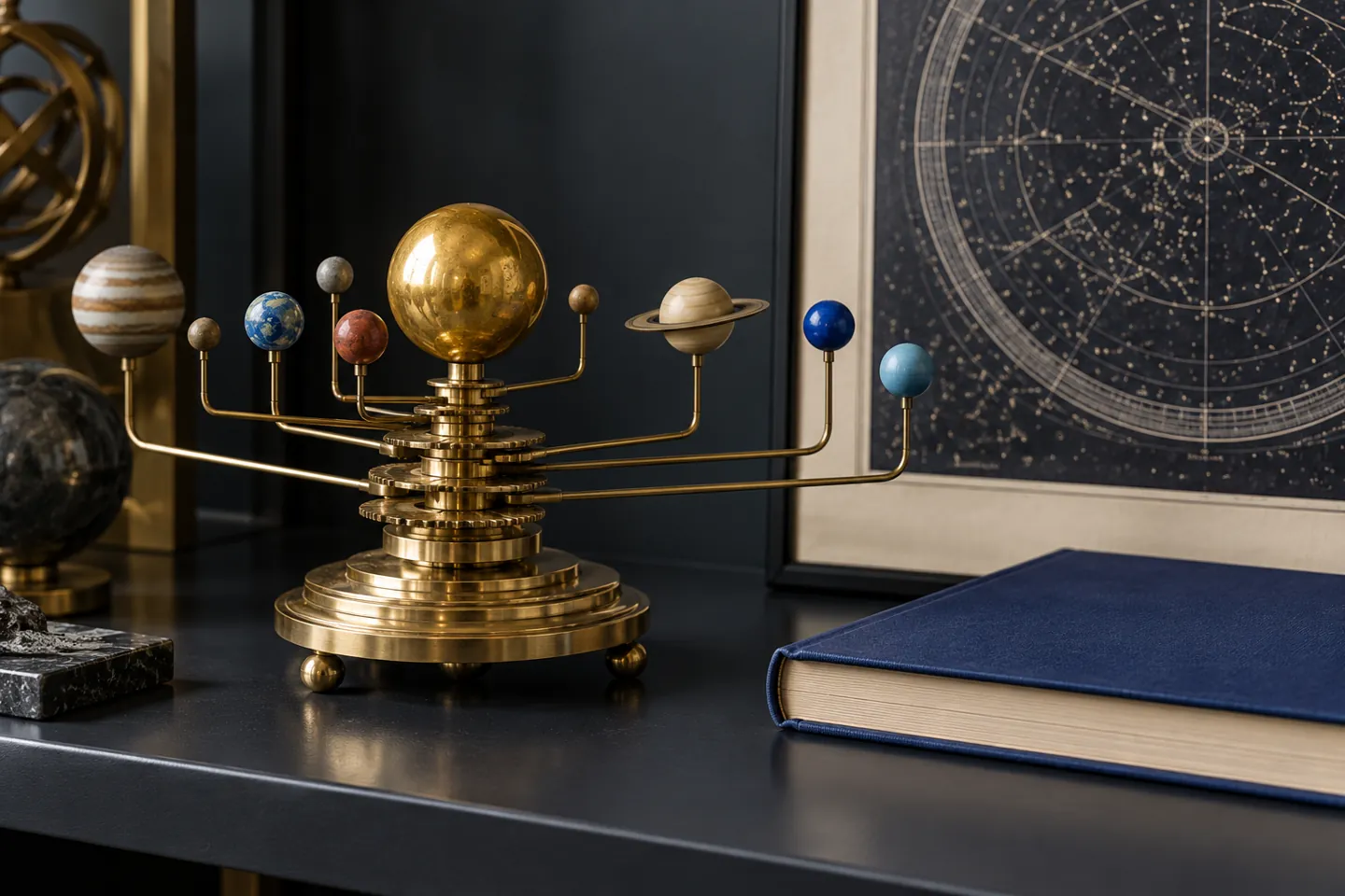 Brass solar-system model and research notebook for exploring women career leaders without people