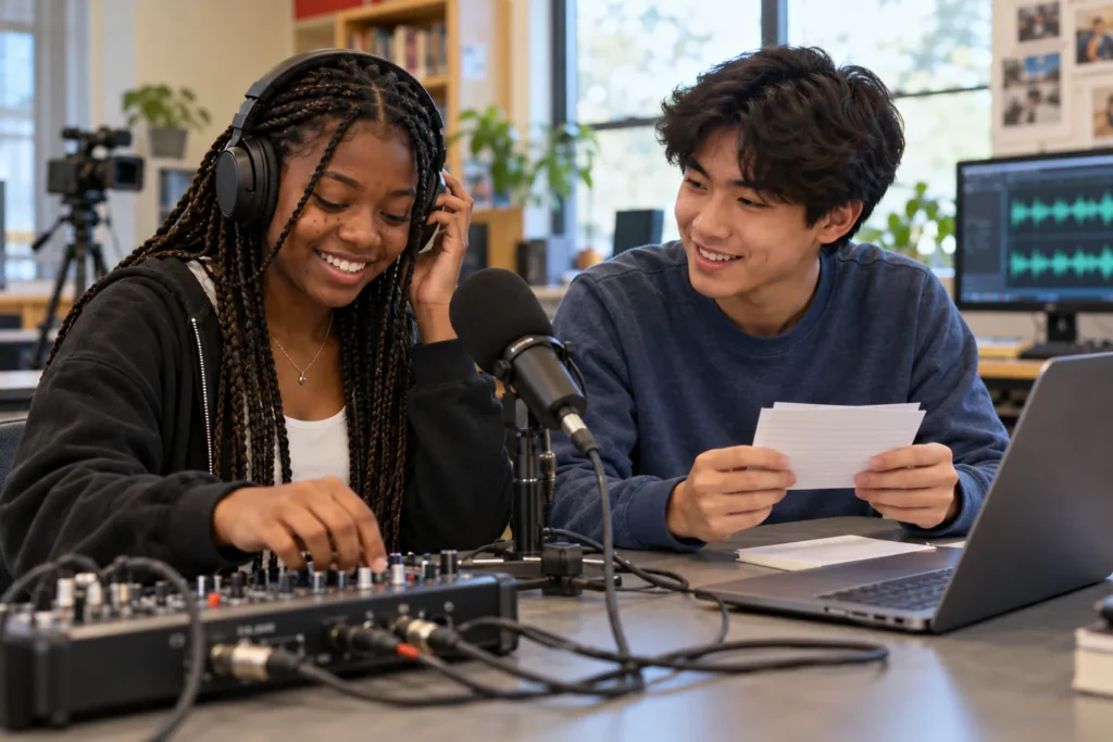 Two students practice workforce readiness skills while recording an audio interview in class.