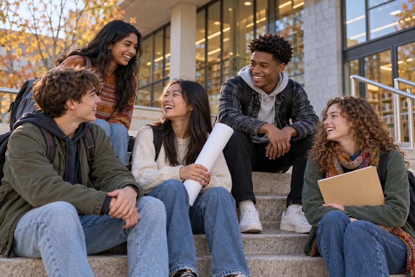 Five happy teenage students gather outside a public library after a school presentation.