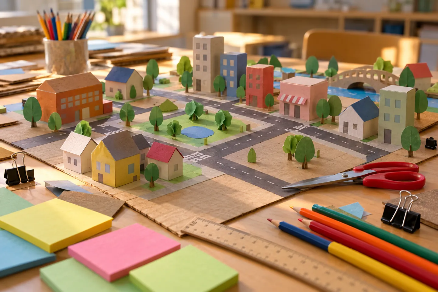 A cardboard neighborhood model and craft supplies illustrate workforce readiness skills without people.