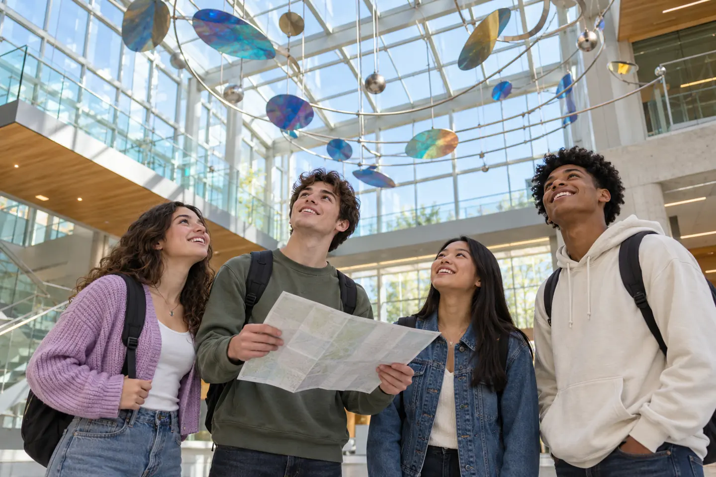 Four happy young people exploring a public college science atrium