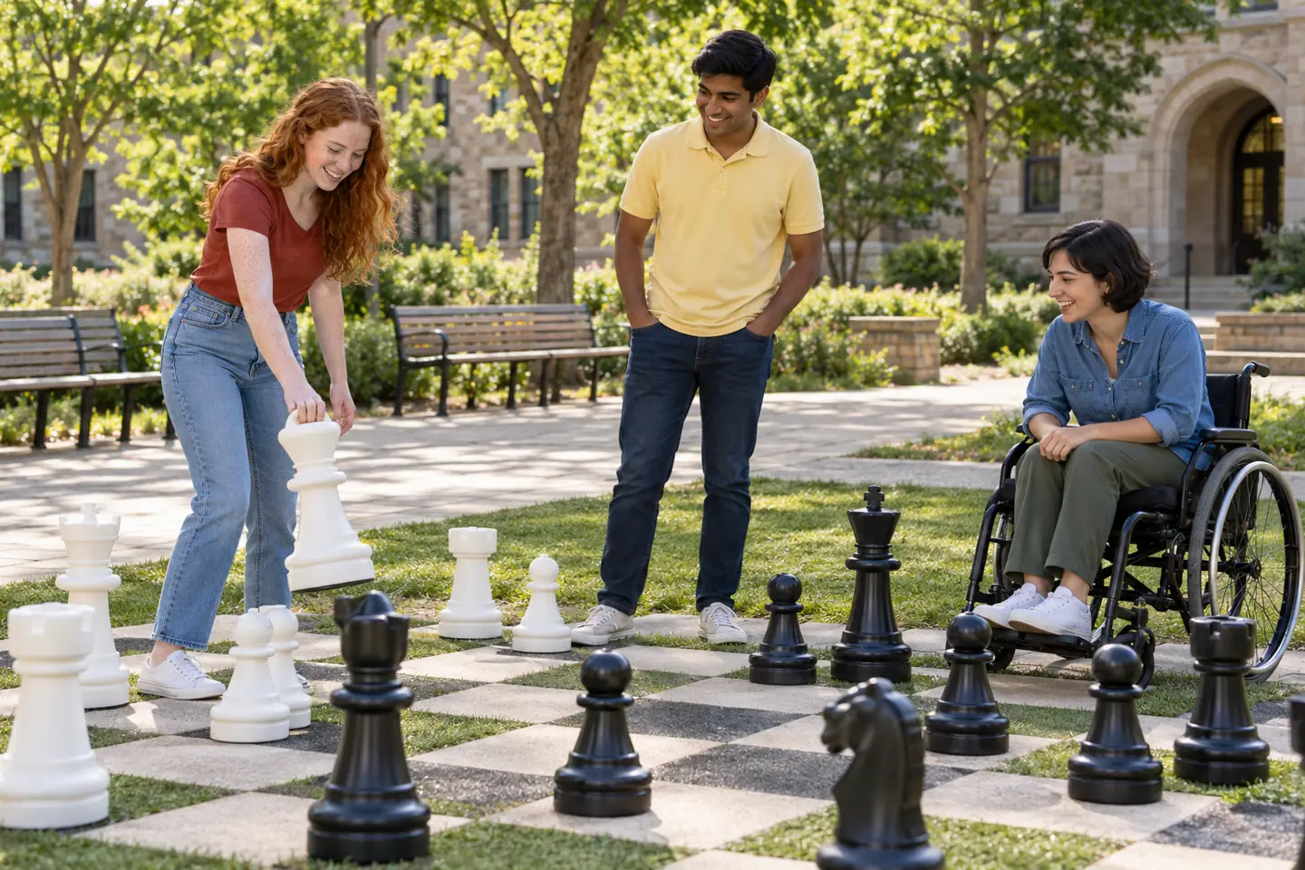 Three happy young people enjoying lawn chess in an accessible public campus courtyard