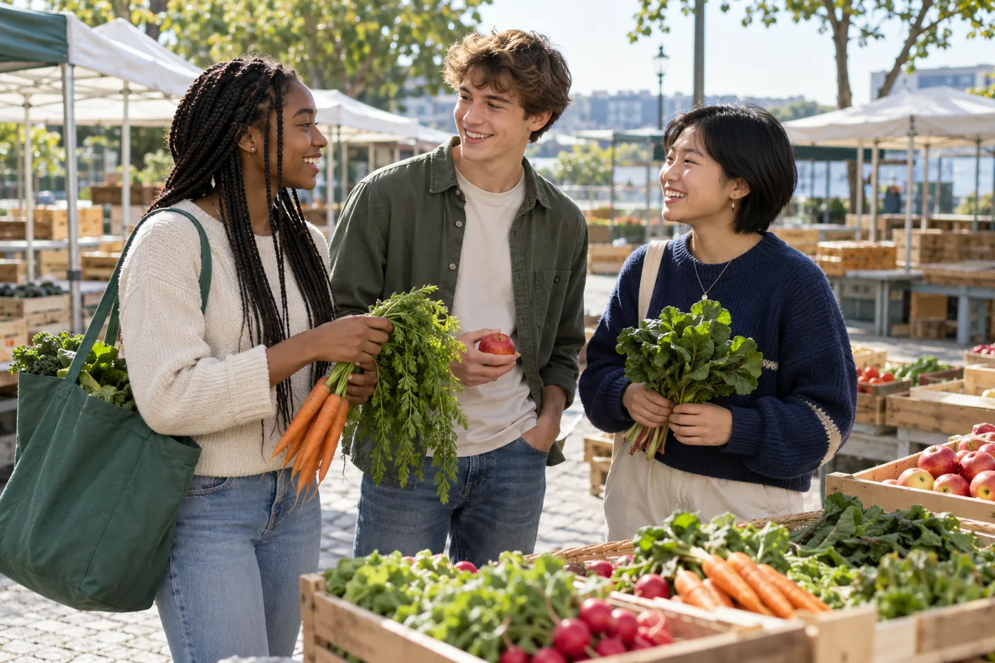 Three happy young people exploring fresh produce at an outdoor farmers market